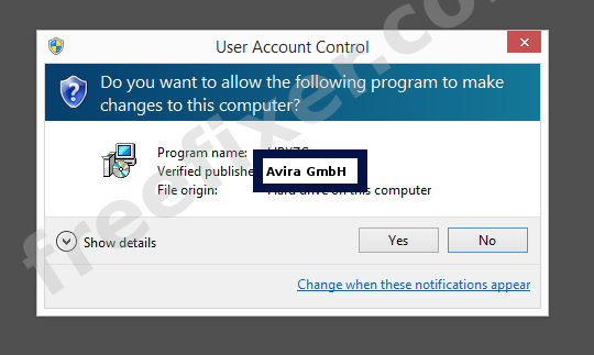 Screenshot where Avira GmbH appears as the verified publisher in the UAC dialog